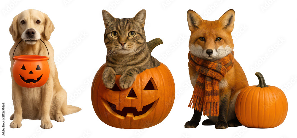 Obraz premium PNG Cute animals with pumpkins celebrating Halloween, transparent background