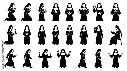 Collection of nun silhouette icons featuring various prayer and religious activity poses for christian graphic design and church ministry projects