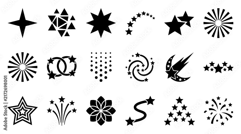 Fototapeta premium Vector collection of celestial star shapes and sparkle silhouette elements for creative graphic design projects