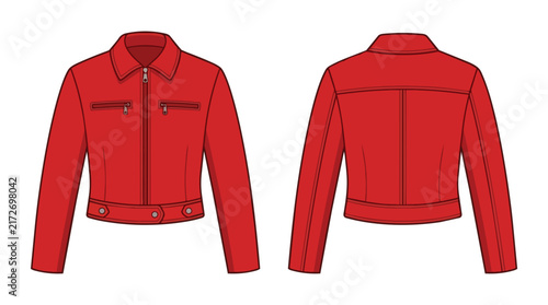Women's Red Short Denim Jacket Fashion Flat Sketch Set with Zipper Pockets Front and Back View Technical Drawing