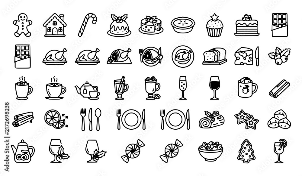 Fototapeta premium Christmas Holiday Food Beverage Drink Thin Line Editable Vector Icon Collection