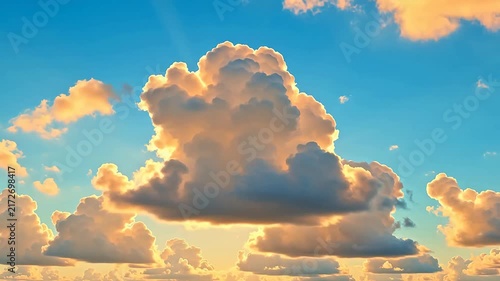 Fluffy golden clouds against a bright blue sky during sunset creating a peaceful and scenic atmosphere