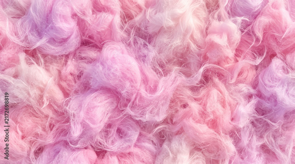 Fototapeta premium Close-up view of fluffy pink and lavender cotton candy texture, featuring soft fibrous strands, airy sugar clouds, and a delicate pastel color palette with swirling organic patterns