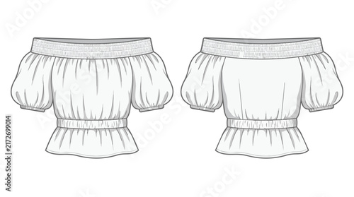 Women's Off-the-Shoulder Smocked Peplum Blouse Technical Fashion Sketch with Puff Sleeves Front and Back Views