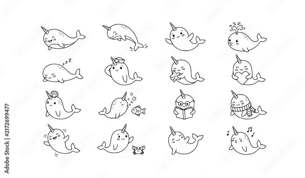 Fototapeta premium Cute Narwhal Line Art Vector Collection for Kids Stickers and Posters
