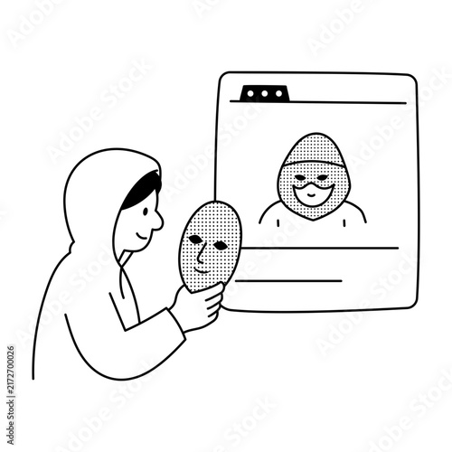 Bild auf Leinwand Linear illustration of a hooded person holding a blank mask beside an online profile, representing anonymous identity and concealed presence