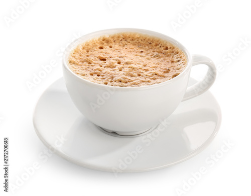 Obraz na plátně Cup of delicious espresso and saucer on white background