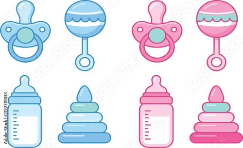 Baby Toys and Accessories Vector Set with Pacifiers, Rattles, Feeding Bottles, and Stacking Rings in Blue and Pink for Newborn and Nursery Graphic Designs