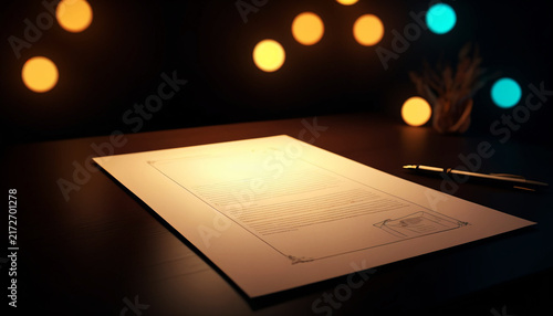 Business form on desk surrounded by warm bokeh lights