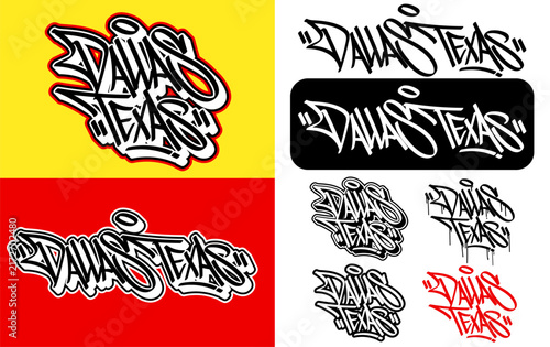 Graffiti style Dallas Texas text designs on colorful backgrounds
