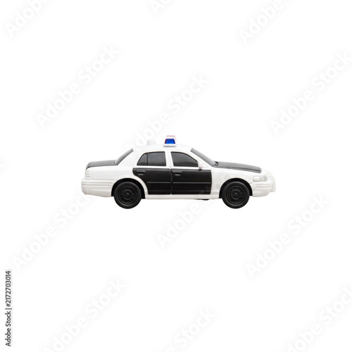 Black and white toy police car isolated on white background.