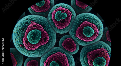 Magnified View of Colorful Cells with Distinct Structures and Details in a Scientific Background Exploring Microbiology and Cellular Biology