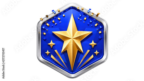 Gold Star Achievement Badge on Blue Hexagon Icon