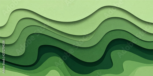 Abstract green paper cut wave background with wavy fluid layer shapes for modern banner design