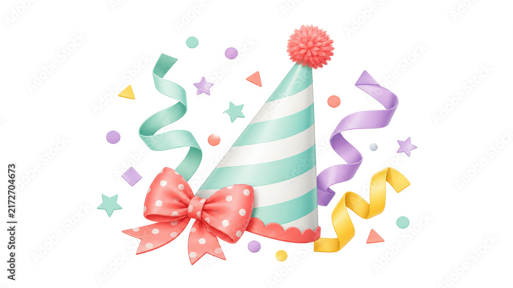 Obraz premium Party Hat with Colorful Streamers and Confetti on Transparent Background