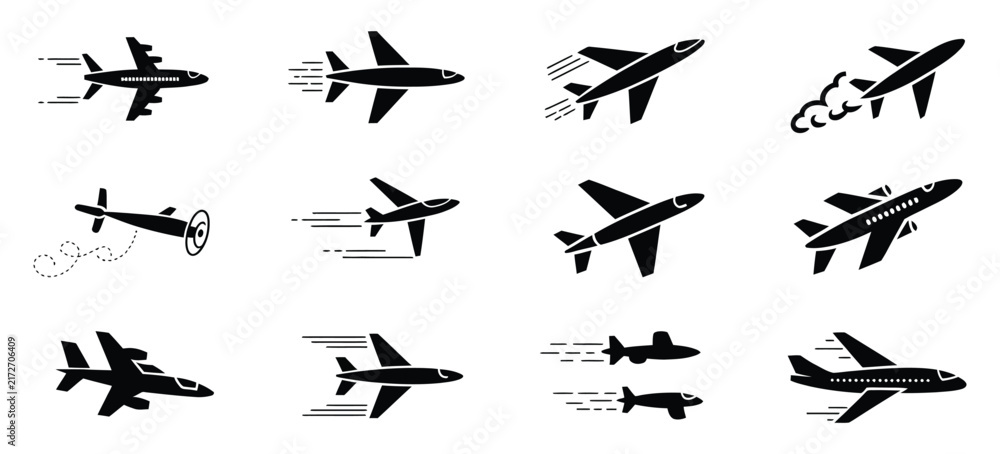 Fototapeta premium Airplane icon set with flight motion trails, flying aircraft jet and passenger plane silhouettes, aviation travel symbols, air force, speed and delivery concept, flat vector illustration.