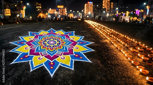 Vibrant rangoli art on a dark asphalt road at night with glowing oil lamps lining the street during diwali festival celebration