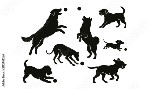 Set of silhouettes of dogs playing with balls, various breeds and poses, dynamic canine collection for pet shop or veterinary design elements
