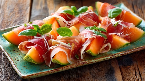 Prosciutto wrapped cantaloupe melon slices are served on a turquoise plate.