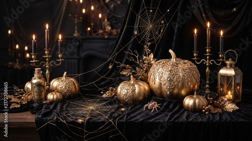 A luxury Halloween background with black velvet texture, gold pumpkin accents, refined spider web lines, and subtle candle glow, premium editorial design, 8k.