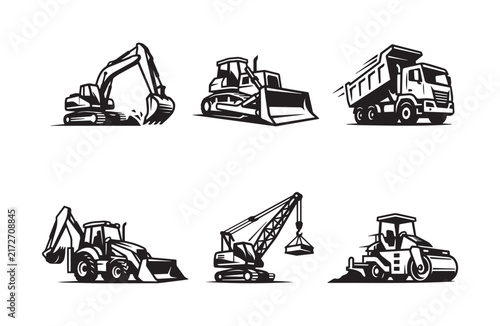 Heavy Construction Equipment Machinery Collection – Excavator, Bulldozer, Crane, Dumper, Roller and Loader
