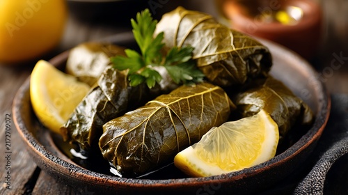 Stuffed grape leaves with lemon slices are plated on a rustic dish.