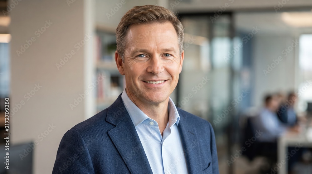 Obraz premium Confident businessman smiling warmly at the camera in a modern office setting demonstrating approachable leadership and professional success
