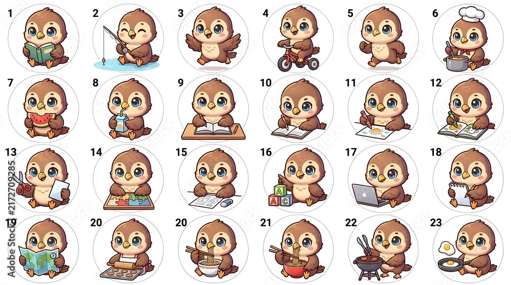 Obraz premium Cute cartoon owl character in various activities and poses, perfect for stickers and illustrations