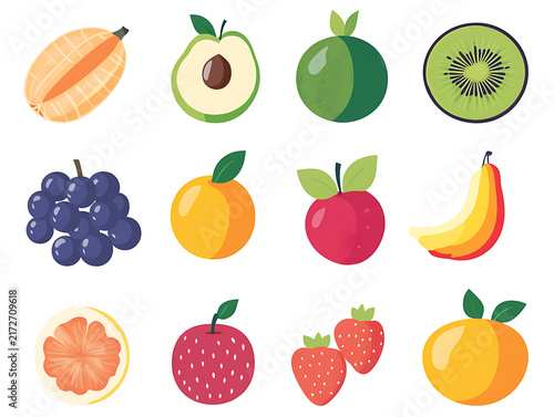Flat vector illustration of fresh colorful fruits collection isolated on white background