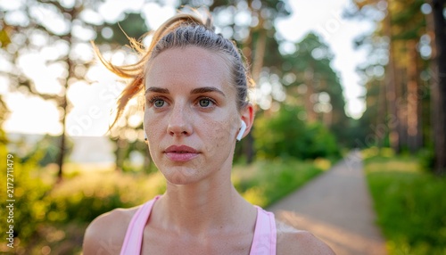 Determined Woman Running Outside in Nature Park with Wireless Earbuds for Fitness Training