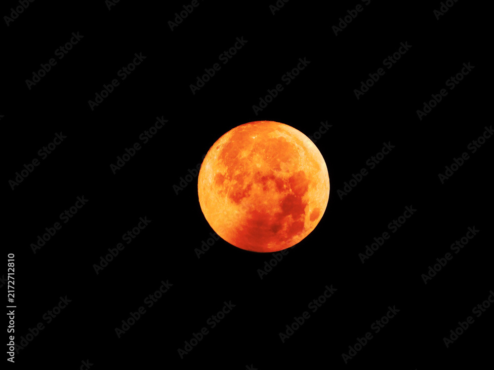 Obraz premium Close up of blood moon. It is an astronomical event that occurs when the Moon orbits through Earth's shadow.‍