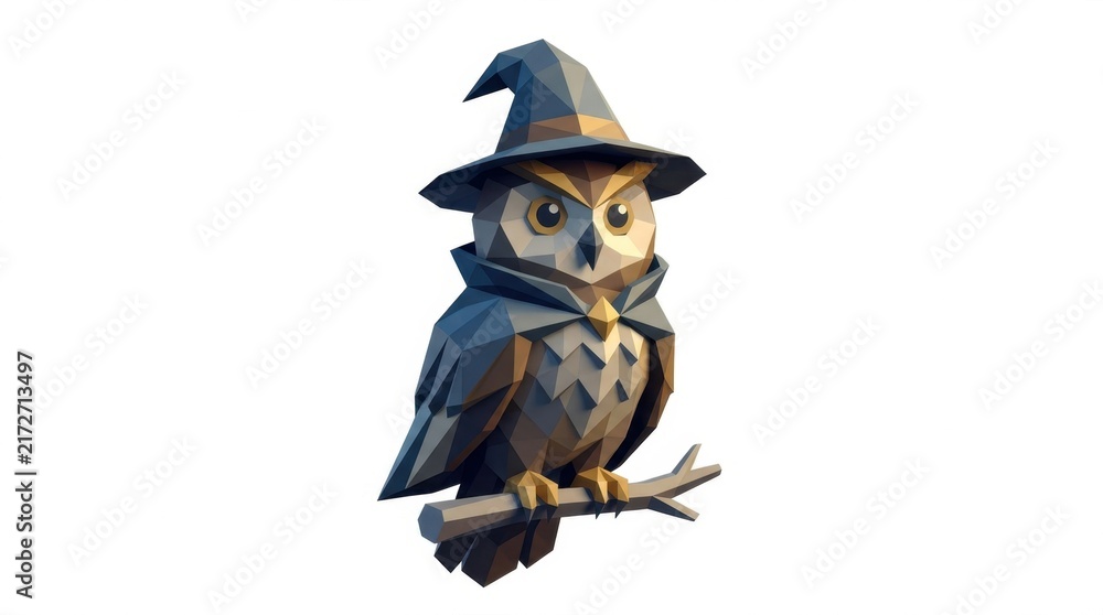 Fototapeta premium Low poly owl wizard wearing a hat and cape perched on a branch