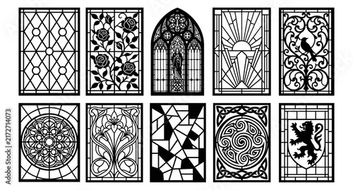 Stained Glass Window Vector Set With Abstract And Floral Patterns