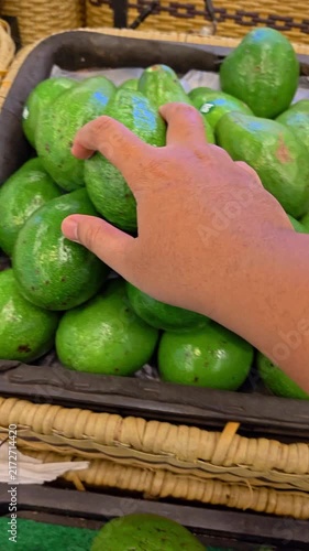 POV Video of Hand selects ripe avocado from market basket. Firm, smooth green fruit gleams under soft light. Market scene suggests fresh produce, natural choice. Hand shows gentle care