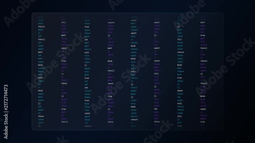Continuous scrolling lines of programming code and software development text displayed on a dark virtual interface screen, ideal for technology and coding themes.