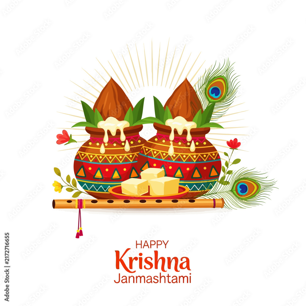 Naklejka premium Krishna Janmashtami Celebration: Pots, Flute, Sweets, Peacock Feathers