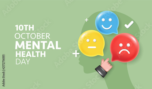 World Mental Health Day 10th October concept. Human head silhouette with 3D speech bubbles of happy, neutral and sad faces. Hand cursor pointing at sad emotion on green background illustration.