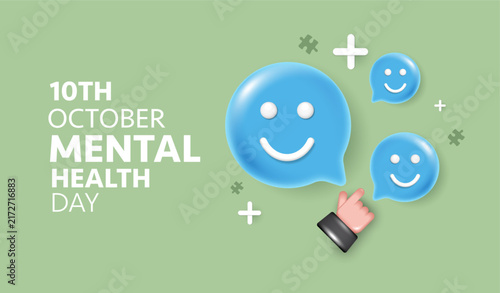 World Mental Health Day 10th October concept. Hand cursor pointing at 3D blue smiling speech bubbles, puzzle pieces and medical crosses on green background for psychology and emotional care awareness.