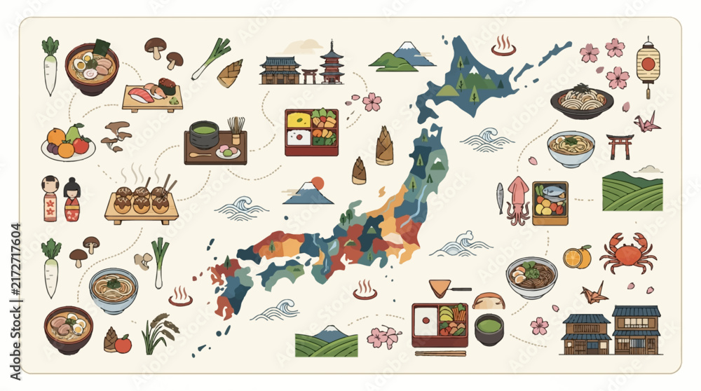 Fototapeta premium Illustrated map of Japan showcasing its diverse culture, iconic landmarks, traditional foods, and natural beauty with regional highlights.