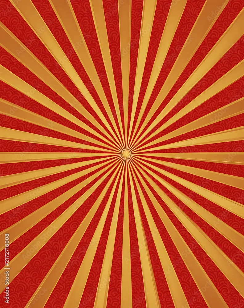 Obraz premium Gold sunburst rays seamless pattern on red background, radiating stripes