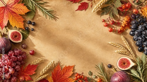 Autumn Harvest Bounty: A frame of ripe grapes, figs, autumn leaves, and wheat stalks on a rustic parchment background, celebrating the abundance of the fall season.