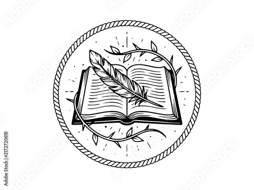 Hand drawn line art emblem featuring an open book and quill feather encircled by a rope border and entwined with a thorny vine, symbolizing forbidden knowledge and literature