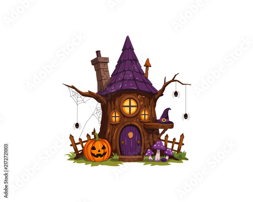 Spooky Halloween tree house illustration with jack-o-lantern and witch hat isolated on white