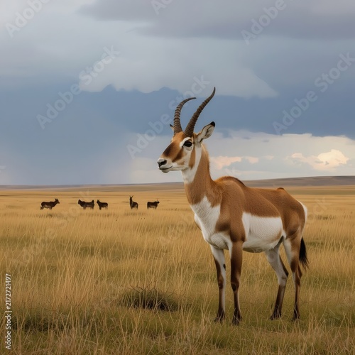 A graceful antelope standing in a dry grassland with a stormy sky overhead.