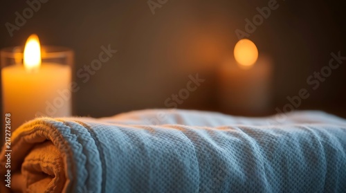 A rolled white towel rests on a surface illuminated by the warm, soft glow of two lit candles in the background.