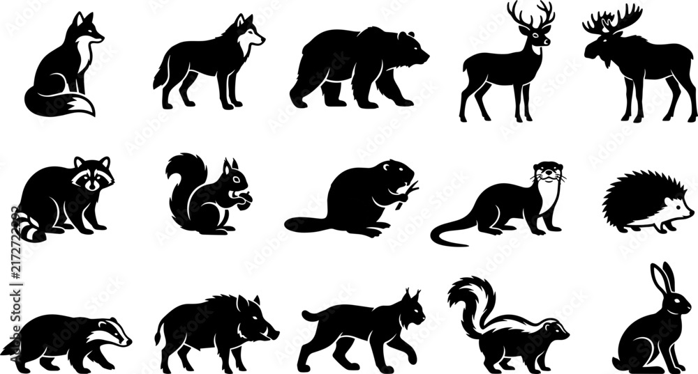 Fototapeta premium Black Forest Woodland Animals Silhouette Icon Set Fox Wolf Bear Deer Moose Raccoon Squirrel Beaver Otter Hedgehog Badger Boar