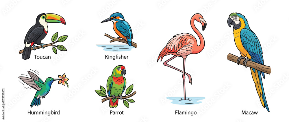 Naklejka premium Diverse Colorful Birds Collection Isolated Transparent Background