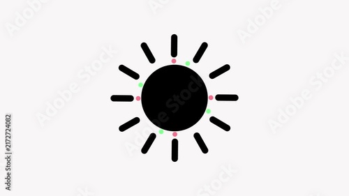 Black sun with pink and green dots on a light gray background representing a simple or symbol.