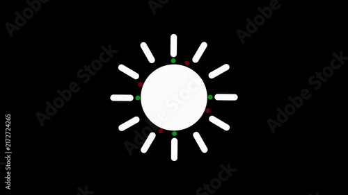Simple white sun with red and green dots on a black background symbolizing a control or setting Keywords: sun, symbol, white, light, control, setting, adjustment.