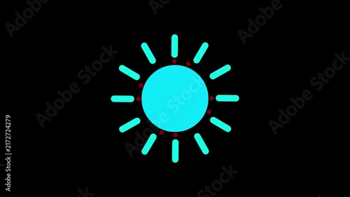 Minimalist cyan sun symbol with red dots on a black background representing light or energy.